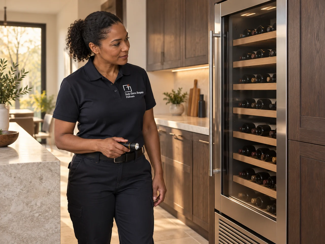 Illustration of a technician wearing the Sub-Zero Repair Pelham logo beside a Monogram wine cooler