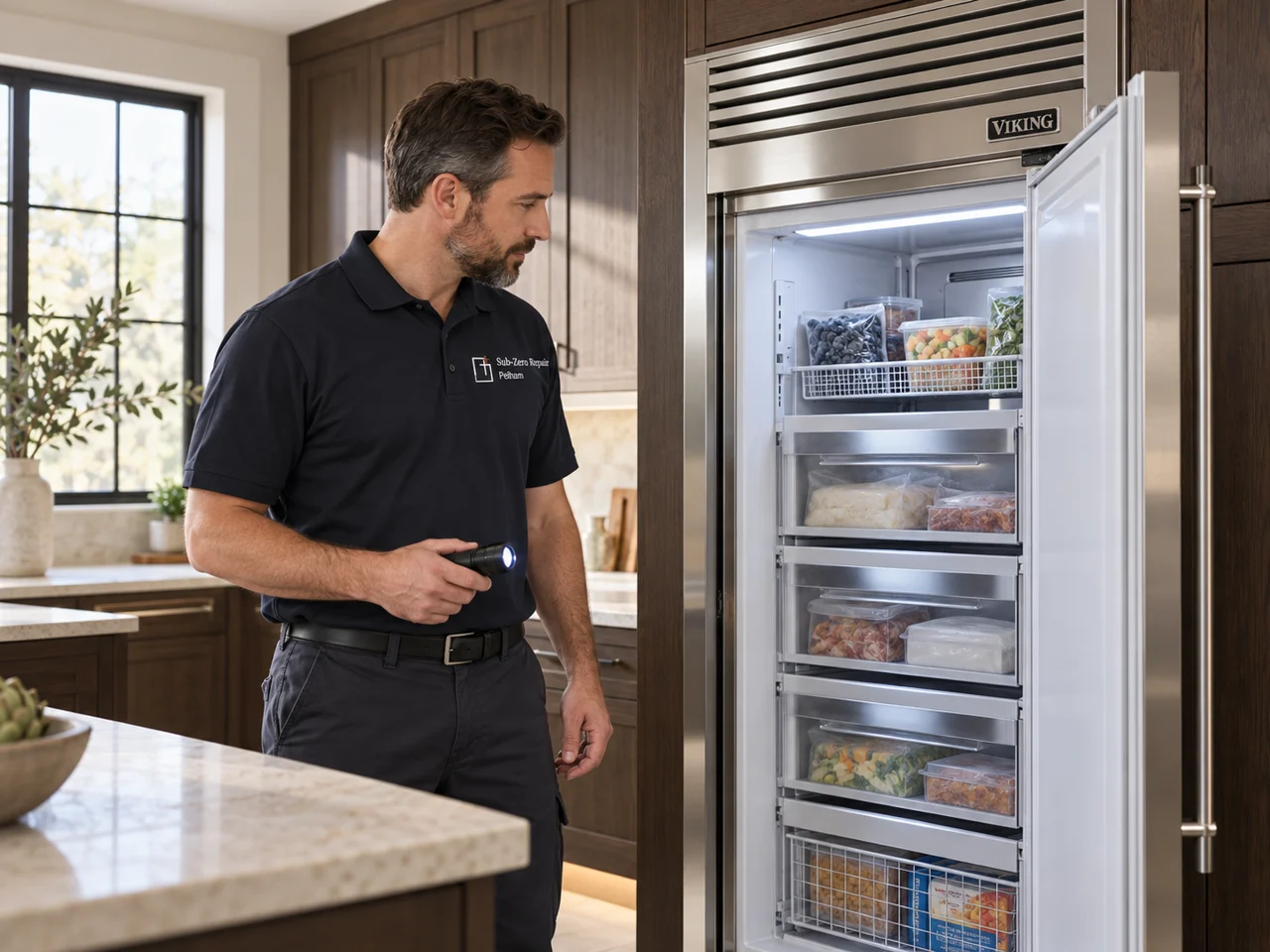 Illustration of a technician wearing the Sub-Zero Repair Pelham logo beside a Viking freezer